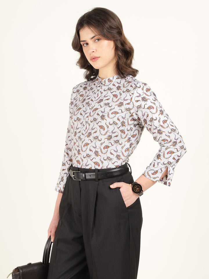 Hancock Women Grey Printed Pure Cotton Regular Fit Formal Top