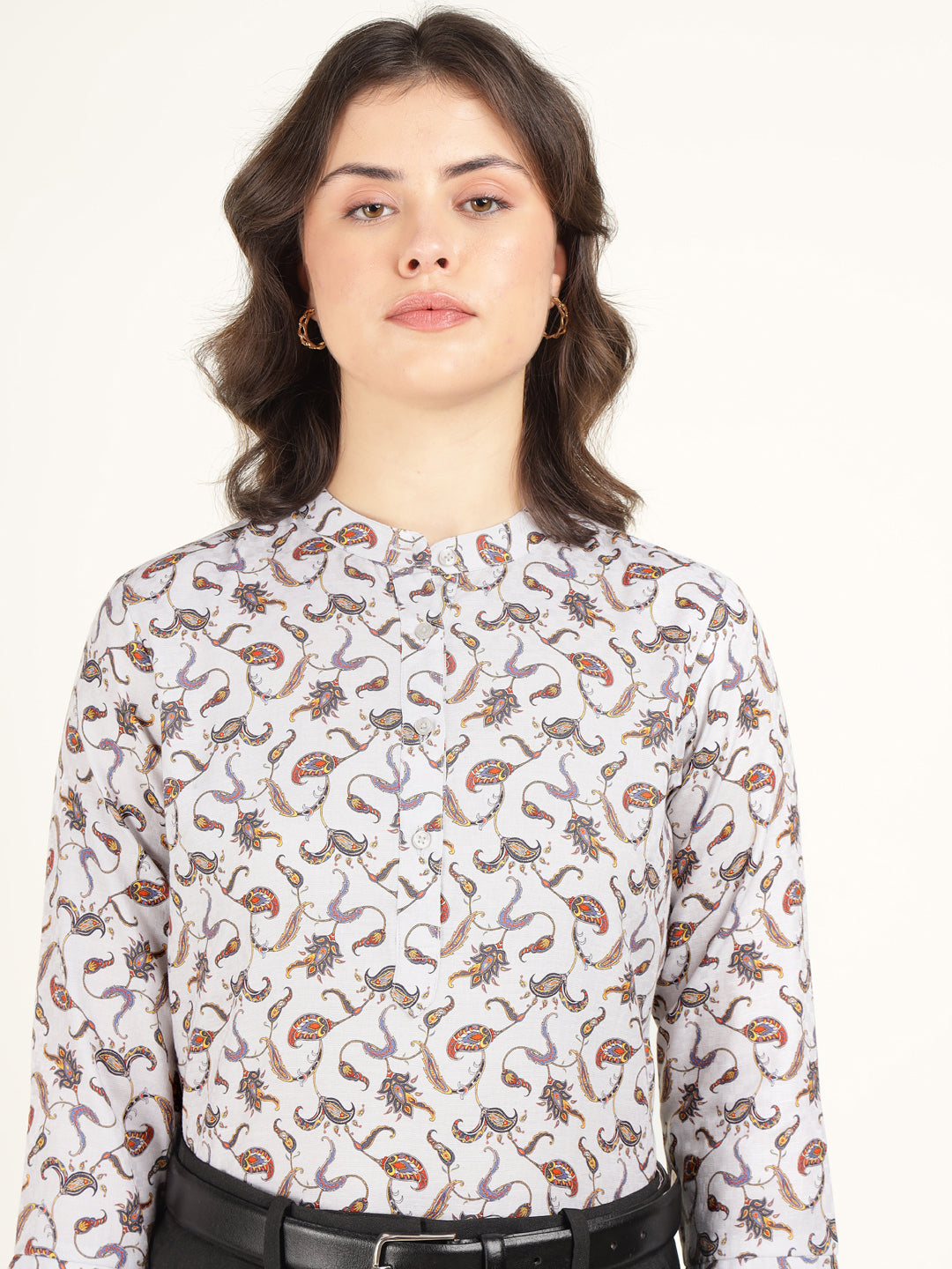 Hancock Women Grey Printed Pure Cotton Regular Fit Formal Top