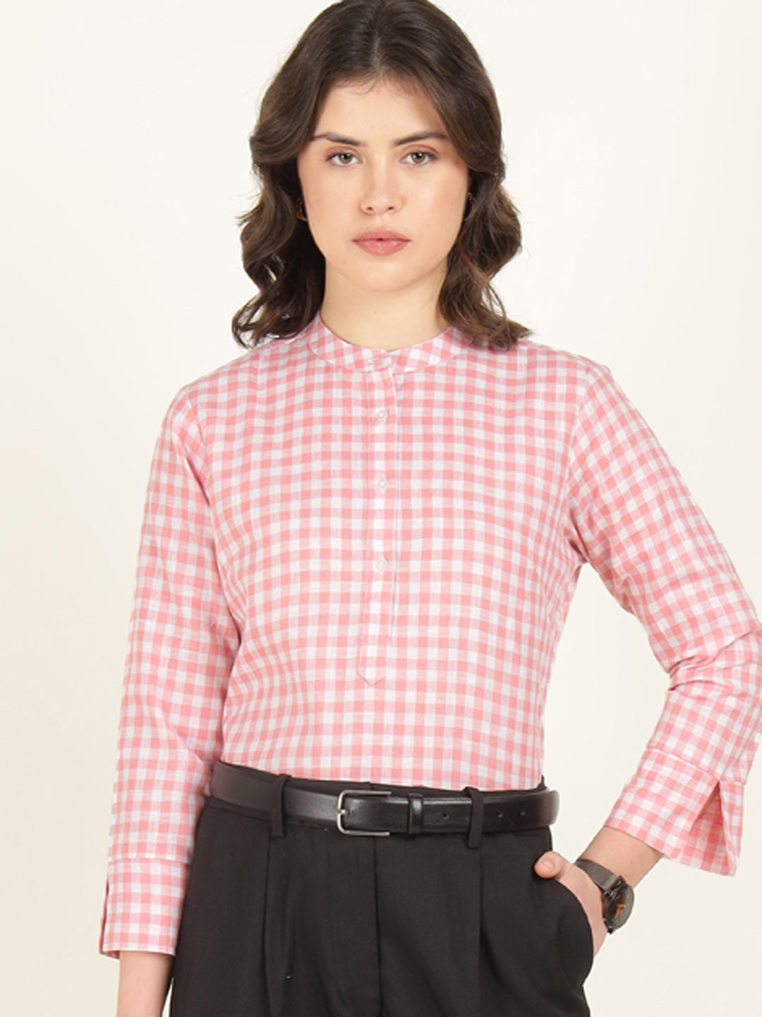 Hancock Women White & Pink Checked Pure Cotton Regular Fit Formal Top