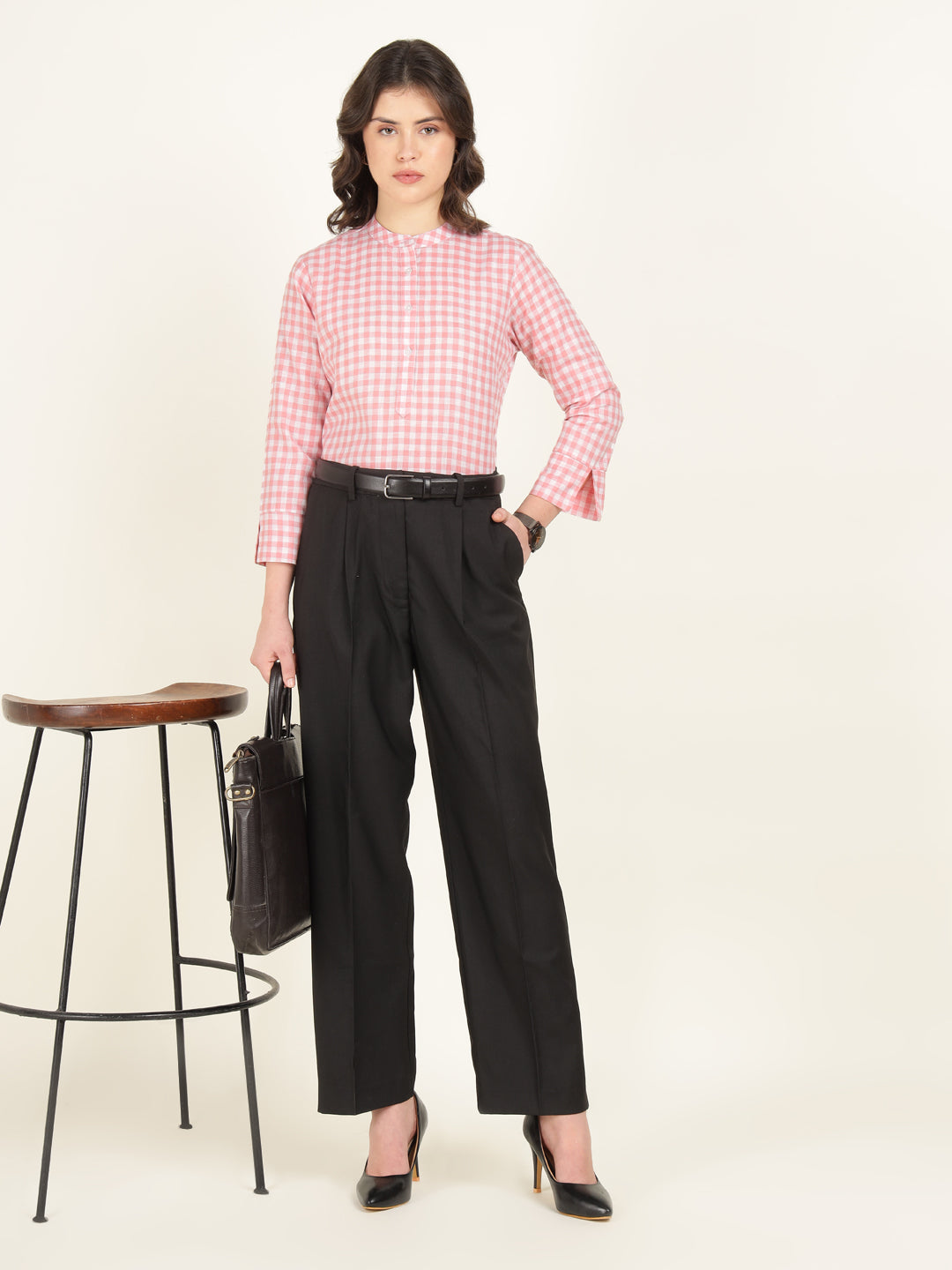 Hancock Women White & Pink Checked Pure Cotton Regular Fit Formal Top