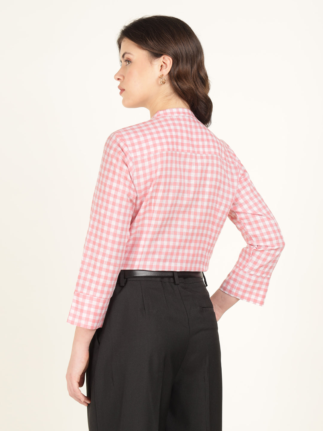 Hancock Women White & Pink Checked Pure Cotton Regular Fit Formal Top