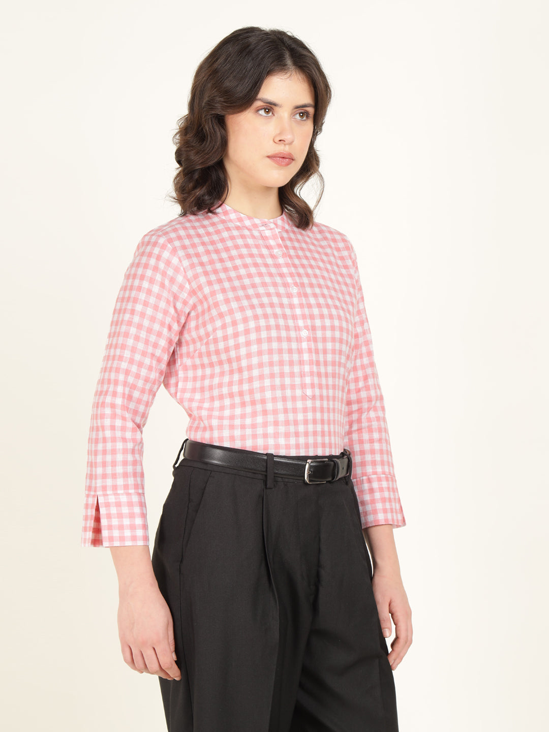Hancock Women White & Pink Checked Pure Cotton Regular Fit Formal Top