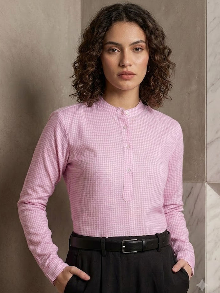 Women Pink Checked Pure Cotton Regular Fit Formal Top