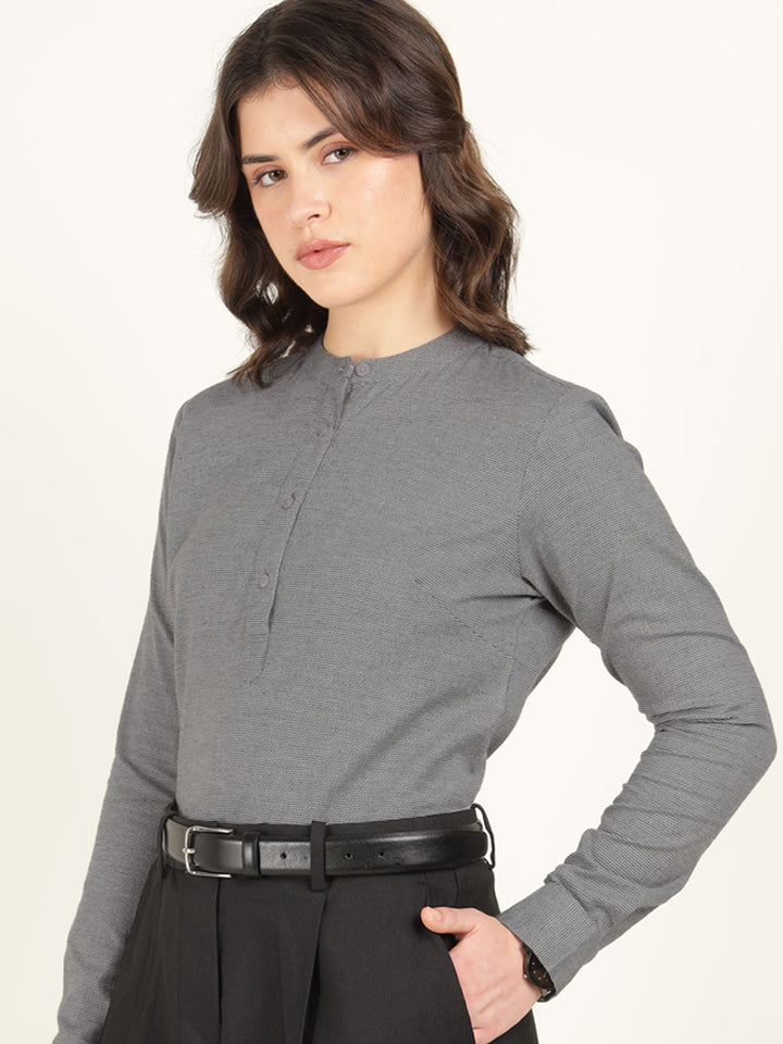 Hancock Women Grey Checked Pure Cotton Regular Fit Formal Top