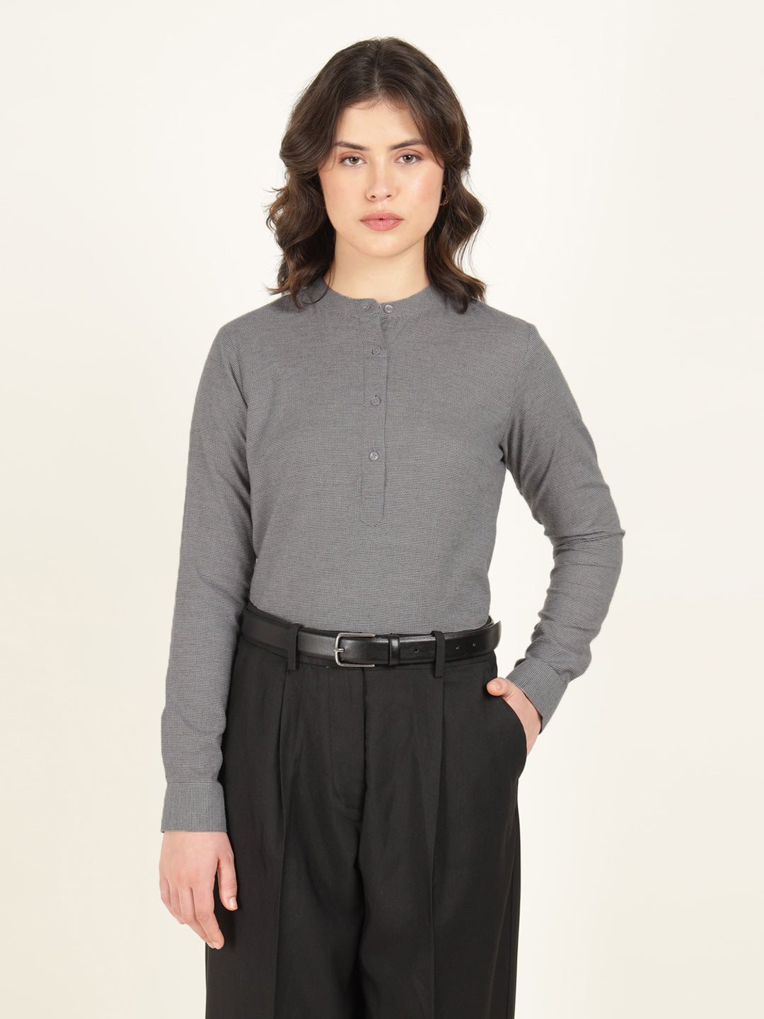 Hancock Women Grey Checked Pure Cotton Regular Fit Formal Top