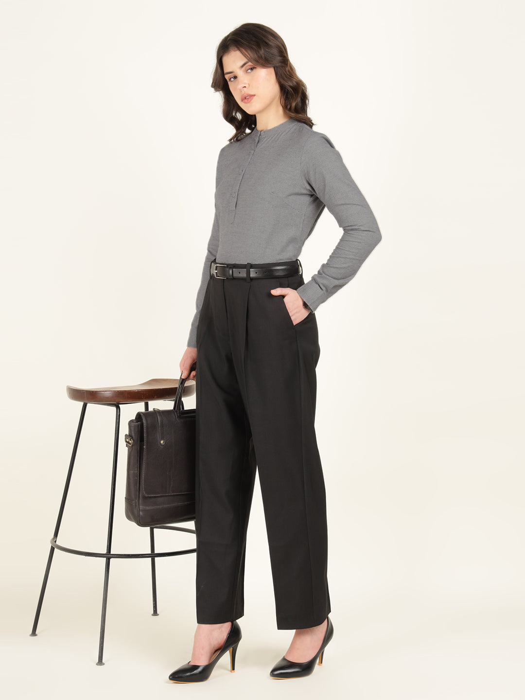 Hancock Women Grey Checked Pure Cotton Regular Fit Formal Top