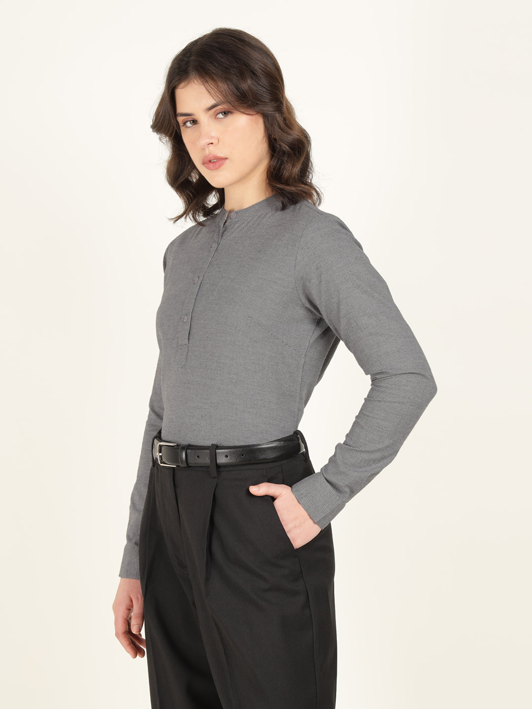 Hancock Women Grey Checked Pure Cotton Regular Fit Formal Top