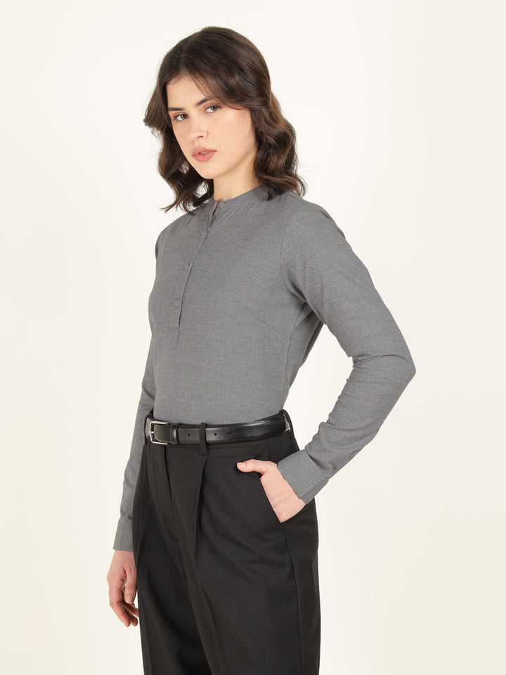 Hancock Women Grey Checked Pure Cotton Regular Fit Formal Top