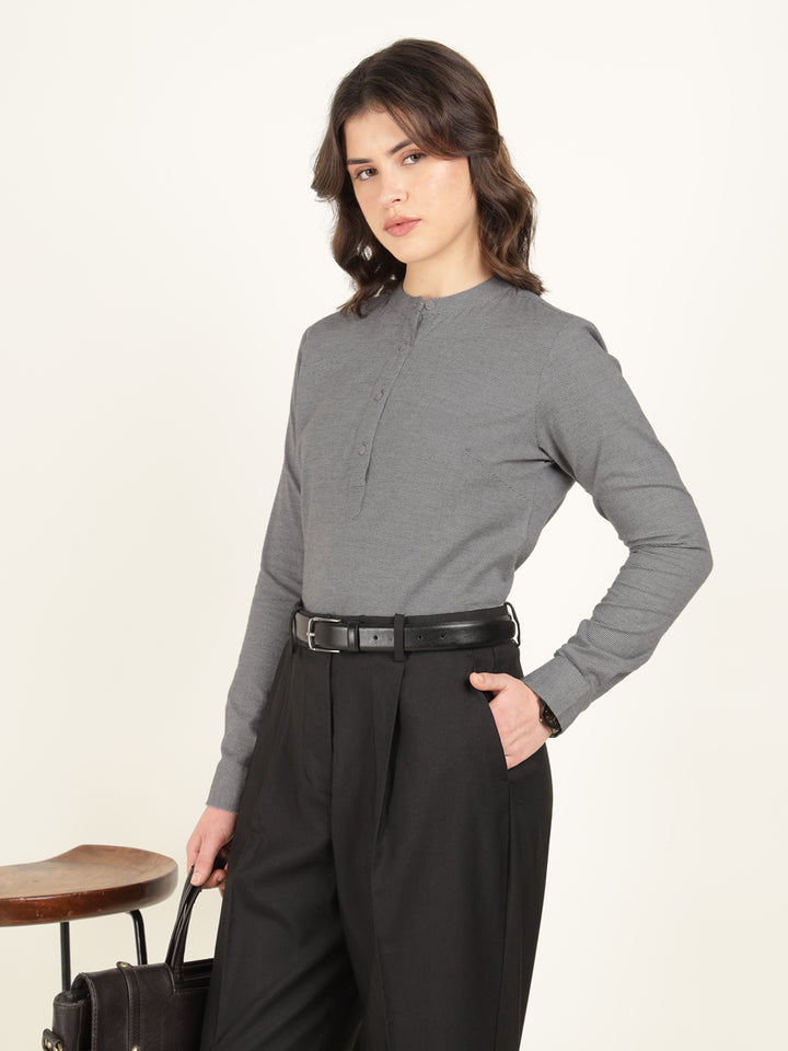 Hancock Women Grey Checked Pure Cotton Regular Fit Formal Top