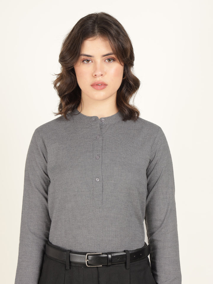 Hancock Women Grey Checked Pure Cotton Regular Fit Formal Top