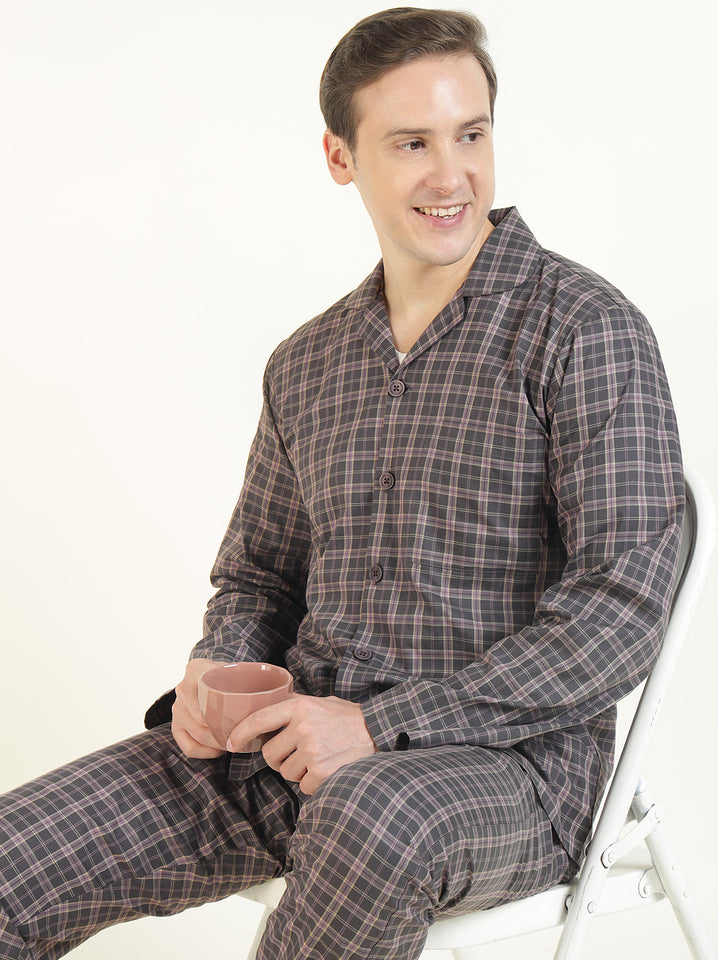 Men Mauve Checked Pure Cotton Relaxed Fit Casual Night Suit