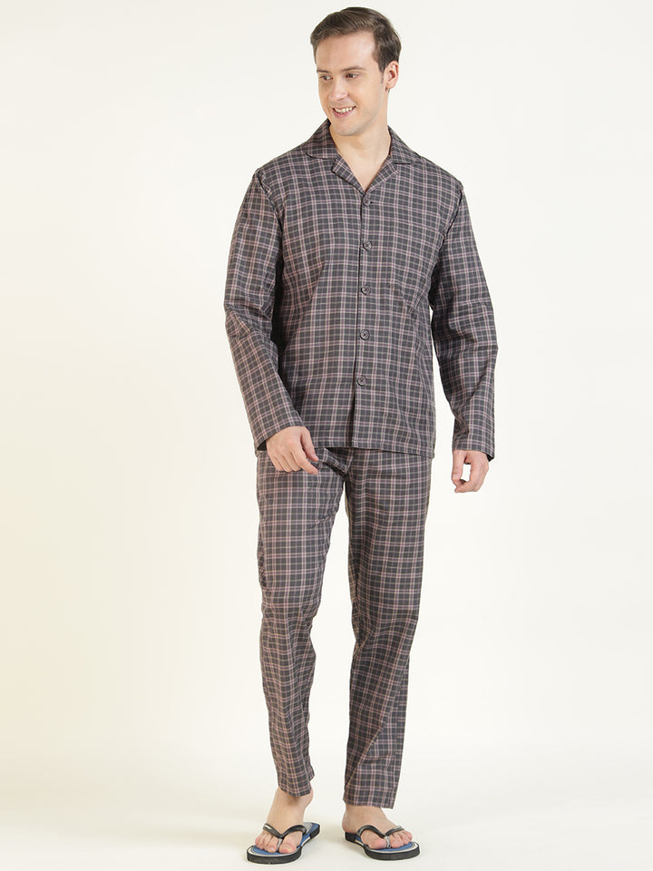 Men Mauve Checked Pure Cotton Relaxed Fit Casual Night Suit