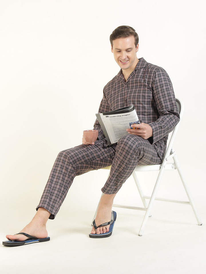 Men Mauve Checked Pure Cotton Relaxed Fit Casual Night Suit