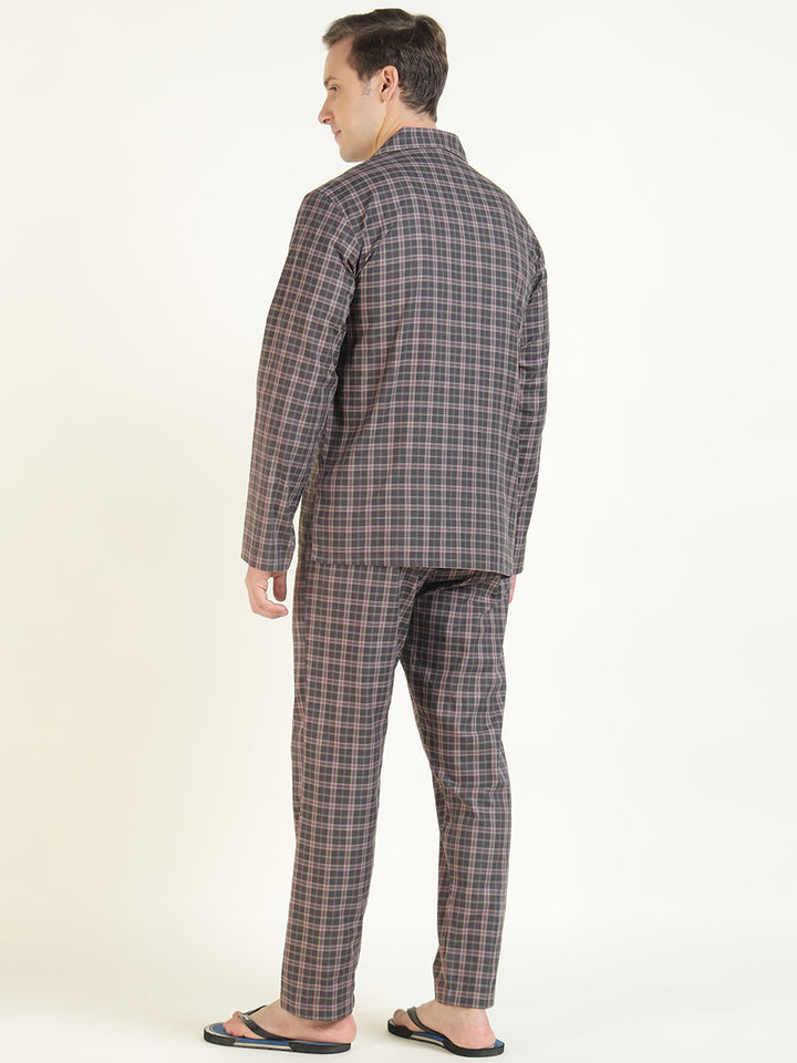 Men Mauve Checked Pure Cotton Relaxed Fit Casual Night Suit
