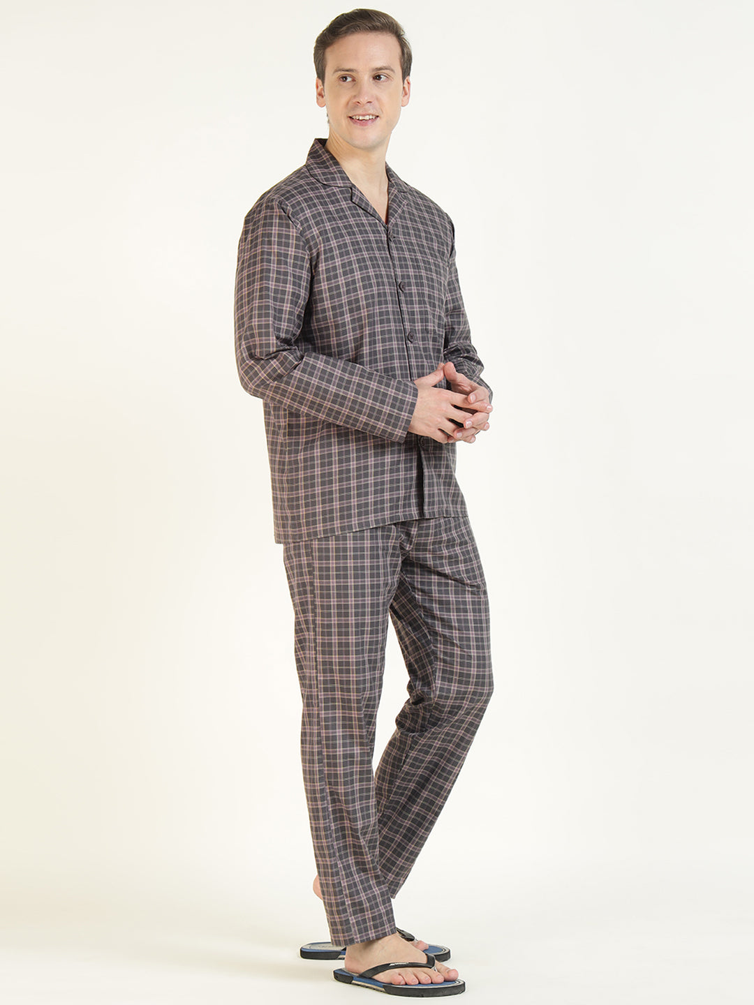 Men Mauve Checked Pure Cotton Relaxed Fit Casual Night Suit