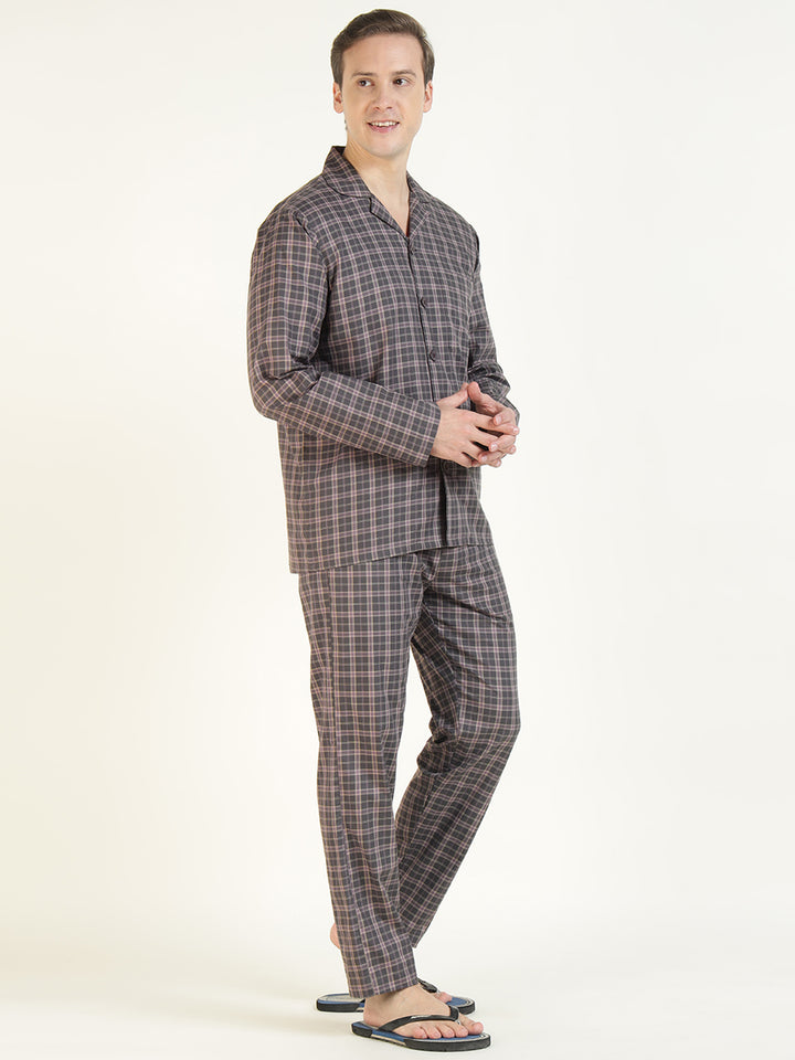 Men Mauve Checked Pure Cotton Relaxed Fit Casual Night Suit