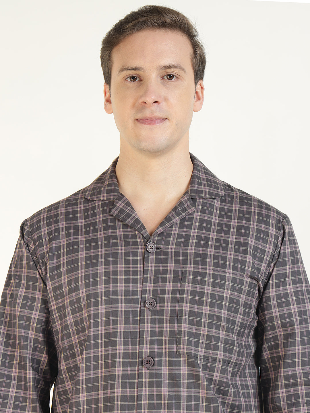 Men Mauve Checked Pure Cotton Relaxed Fit Casual Night Suit