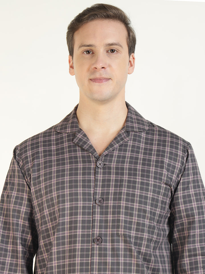 Men Mauve Checked Pure Cotton Relaxed Fit Casual Night Suit