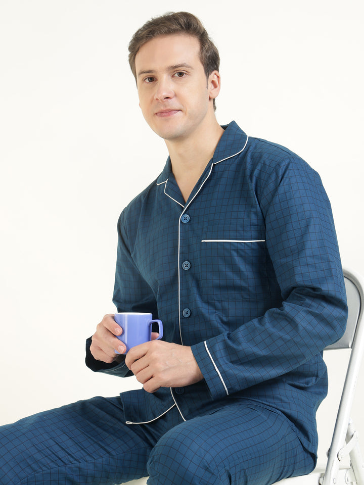 Men Blue Checked Pure Cotton Relaxed Fit Casual Night Suit