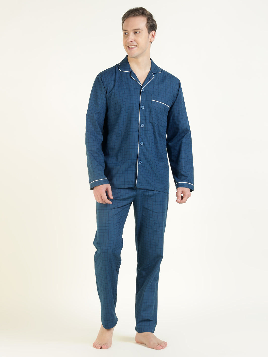Men Blue Checked Pure Cotton Relaxed Fit Casual Night Suit