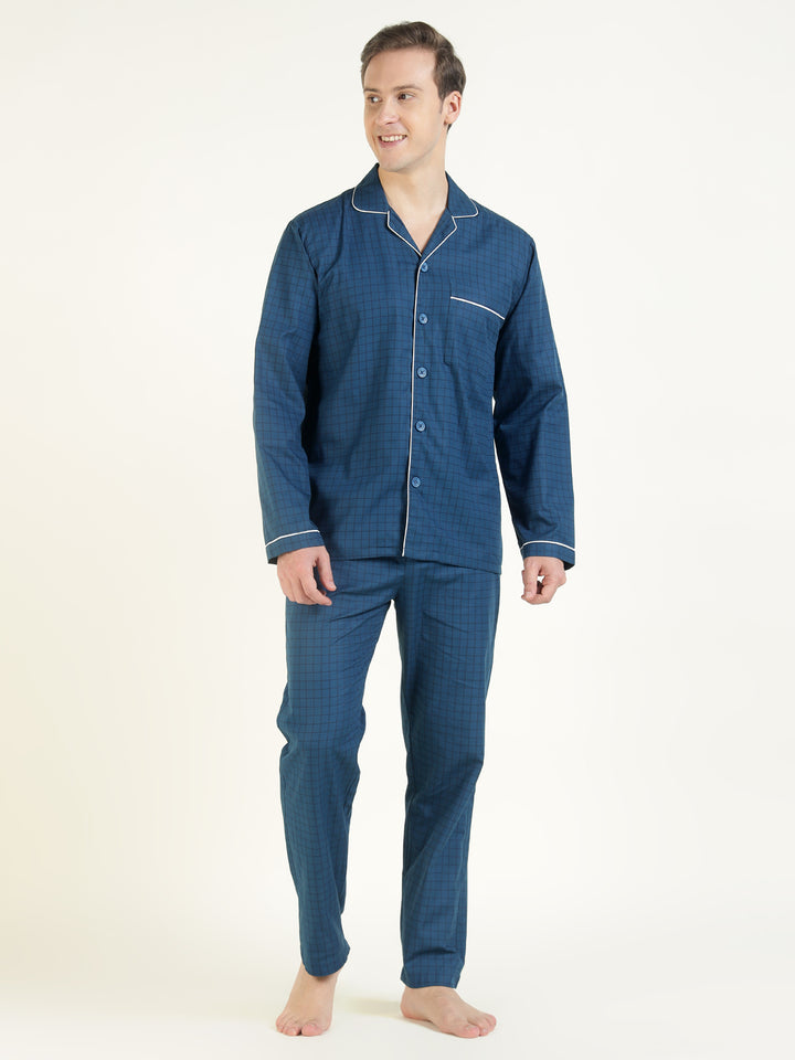 Men Blue Checked Pure Cotton Relaxed Fit Casual Night Suit