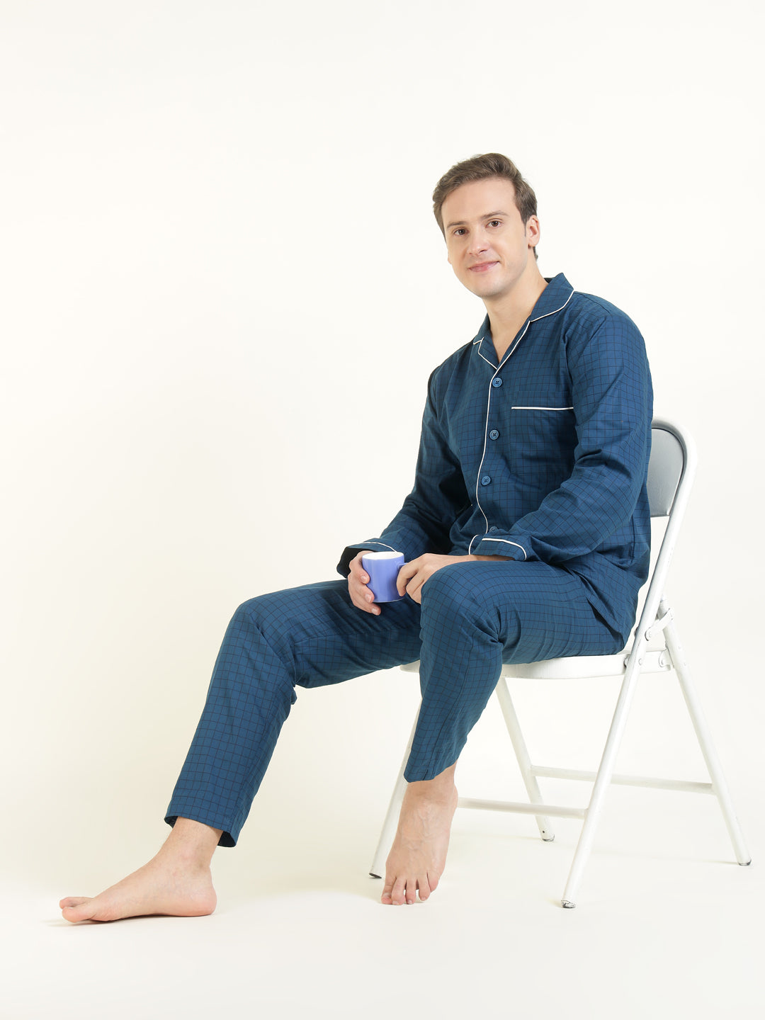Men Blue Checked Pure Cotton Relaxed Fit Casual Night Suit