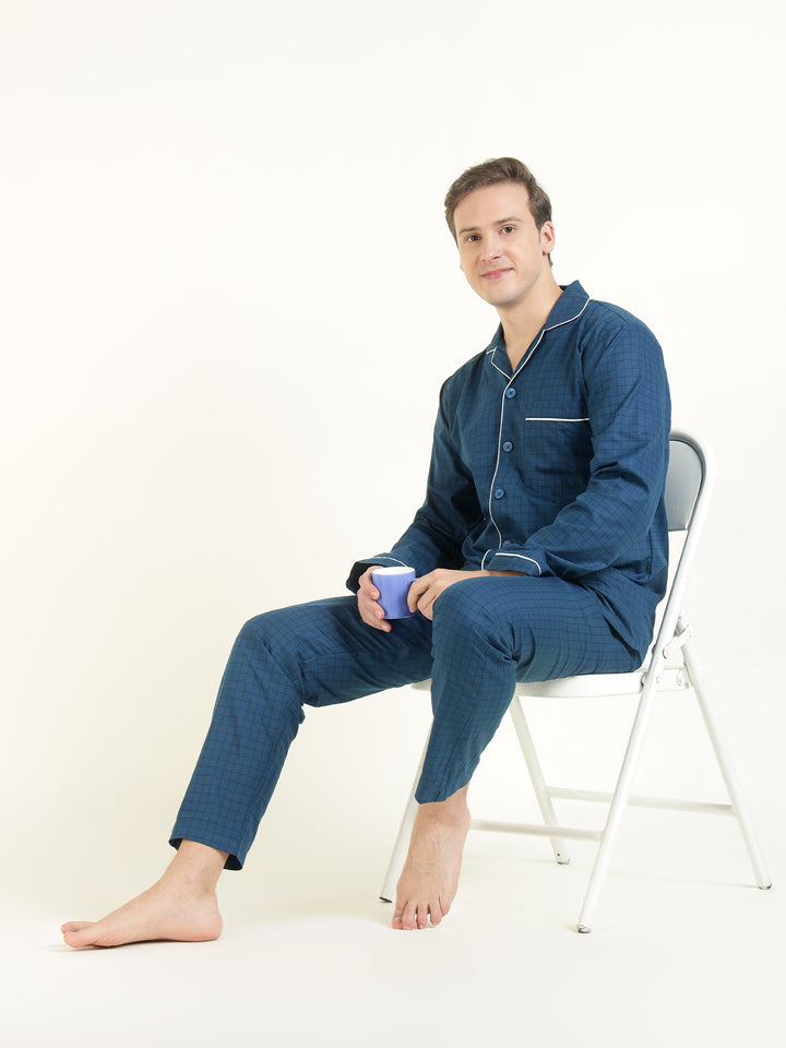 Men Blue Checked Pure Cotton Relaxed Fit Casual Night Suit