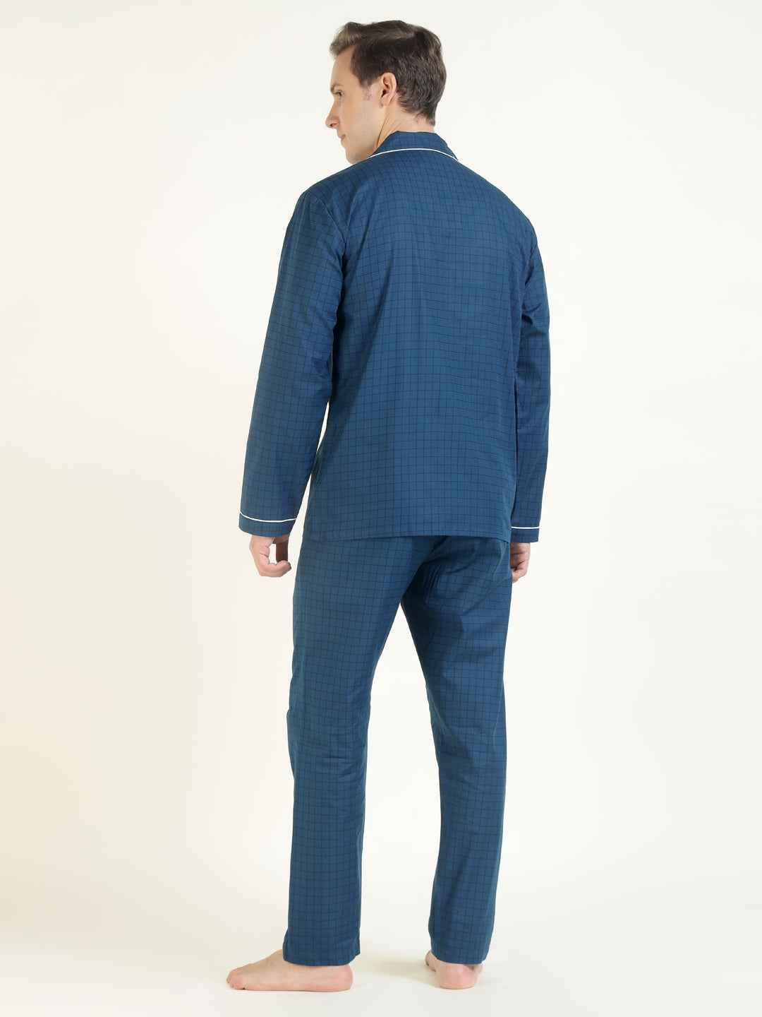 Men Blue Checked Pure Cotton Relaxed Fit Casual Night Suit