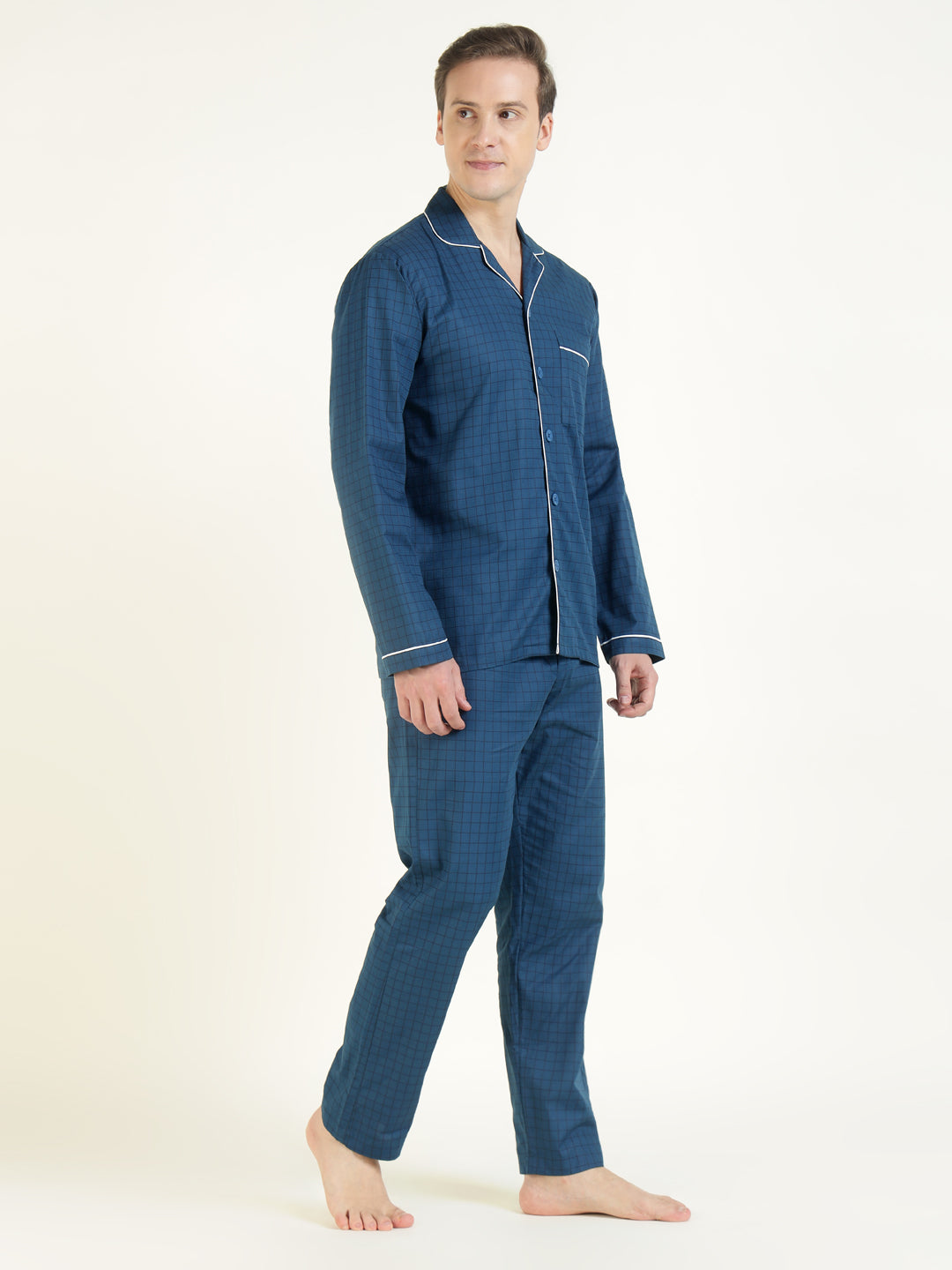 Men Blue Checked Pure Cotton Relaxed Fit Casual Night Suit