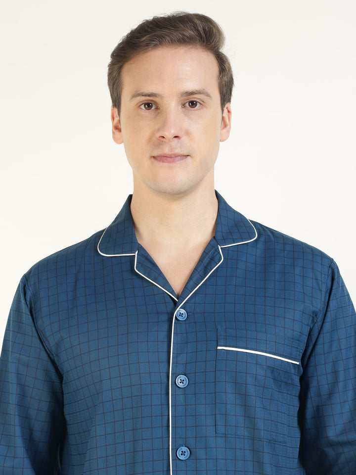 Men Blue Checked Pure Cotton Relaxed Fit Casual Night Suit