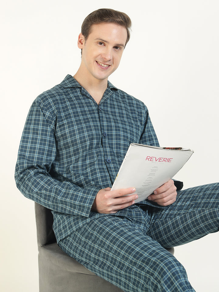 Hancock Men Navy Blue Checked Pure Cotton Relaxed Fit Casual Night Suit