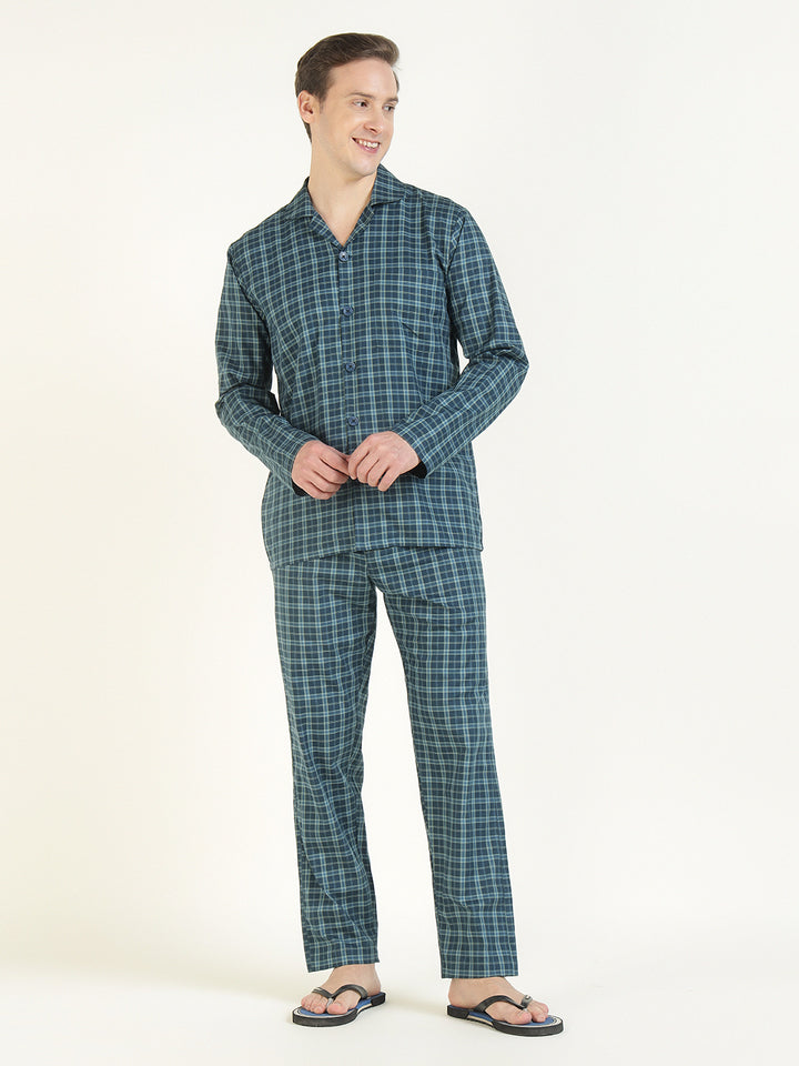 Hancock Men Navy Blue Checked Pure Cotton Relaxed Fit Casual Night Suit