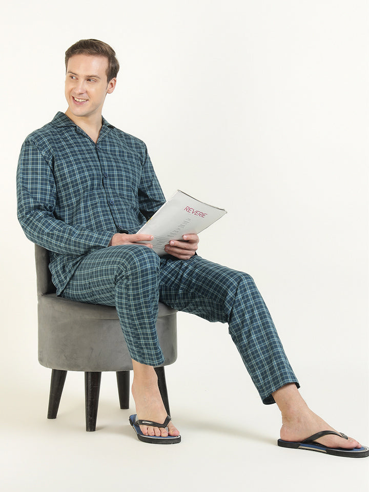 Hancock Men Navy Blue Checked Pure Cotton Relaxed Fit Casual Night Suit