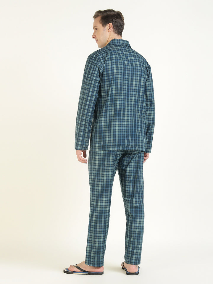 Hancock Men Navy Blue Checked Pure Cotton Relaxed Fit Casual Night Suit