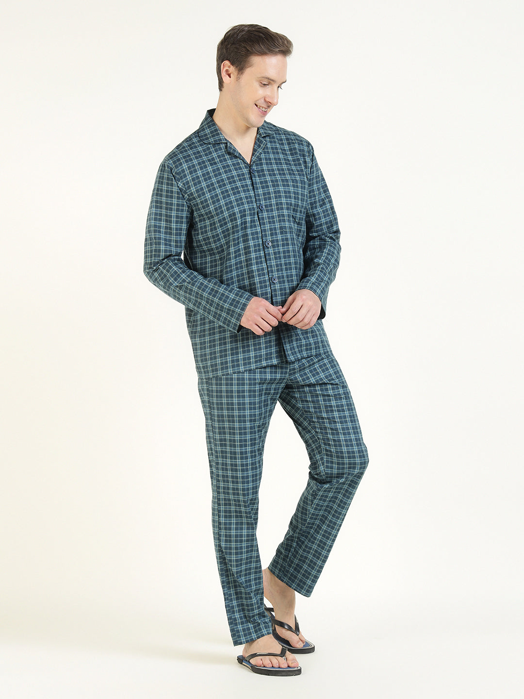 Hancock Men Navy Blue Checked Pure Cotton Relaxed Fit Casual Night Suit
