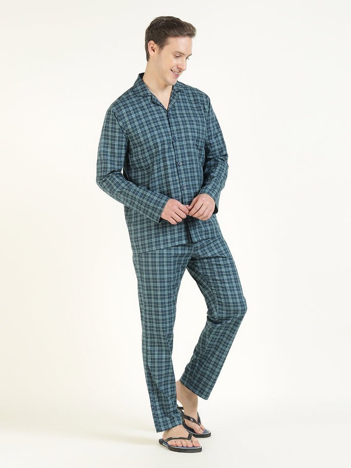 Hancock Men Navy Blue Checked Pure Cotton Relaxed Fit Casual Night Suit