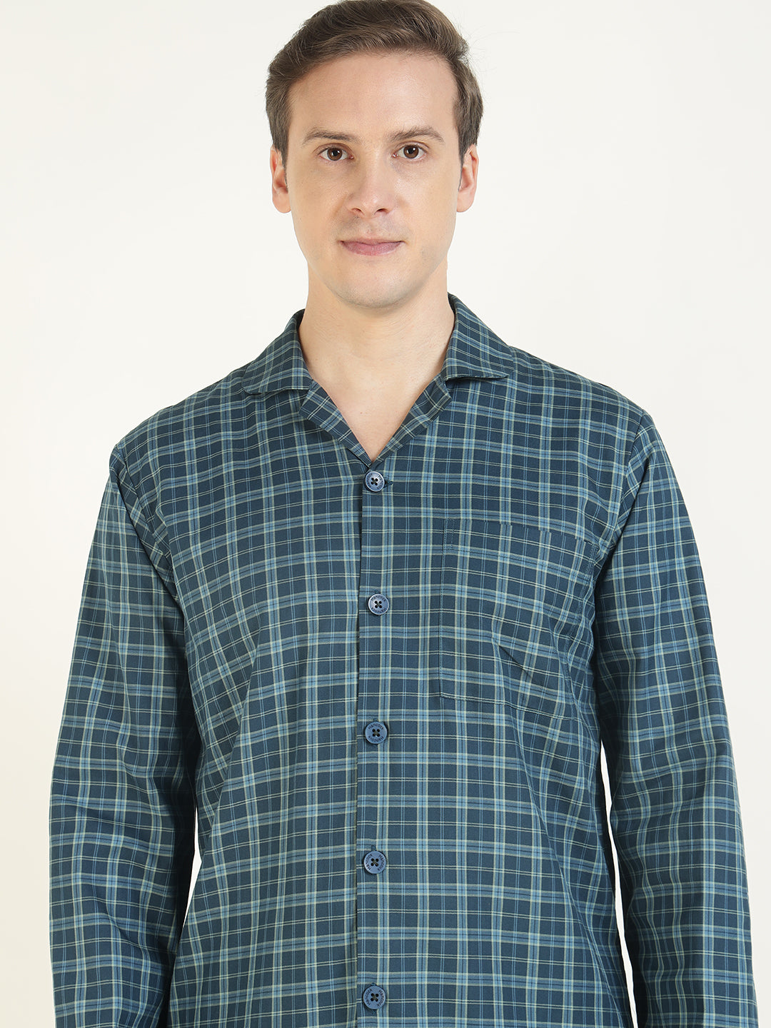 Hancock Men Navy Blue Checked Pure Cotton Relaxed Fit Casual Night Suit