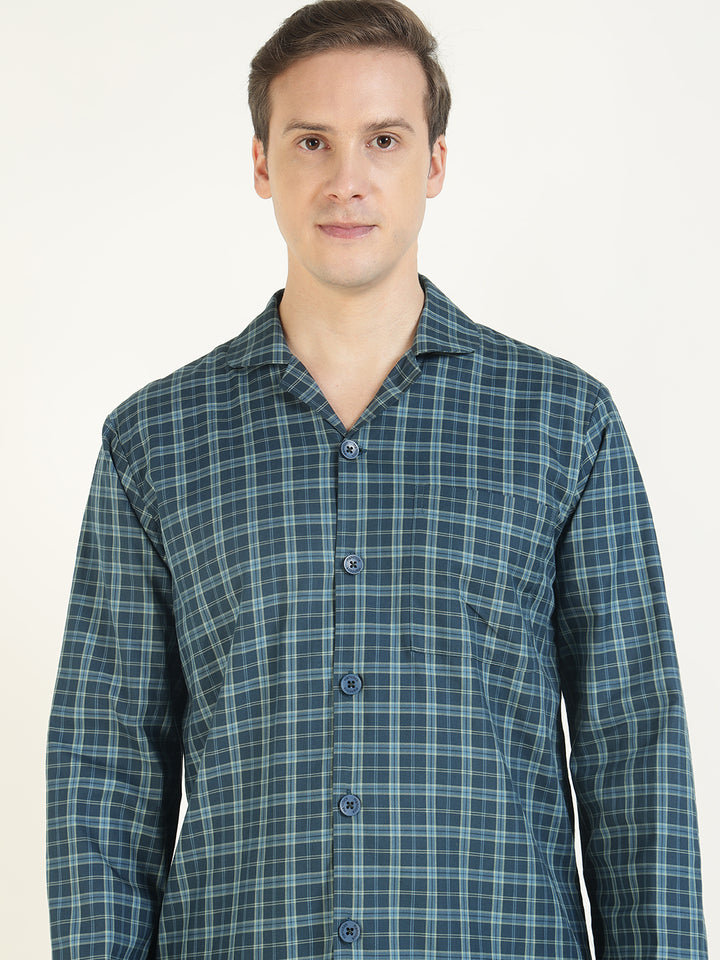 Hancock Men Navy Blue Checked Pure Cotton Relaxed Fit Casual Night Suit