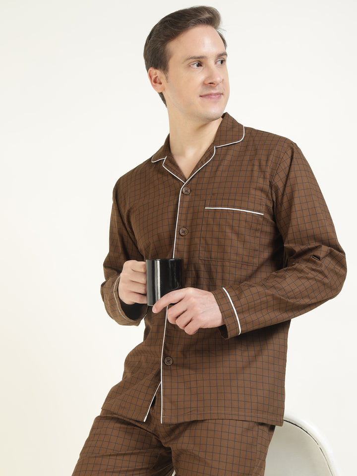 Men Brown Checked Pure Cotton Relaxed Fit Casual Night Suit