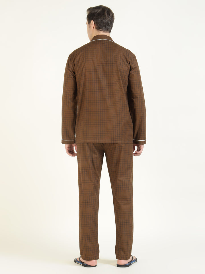 Men Brown Checked Pure Cotton Relaxed Fit Casual Night Suit