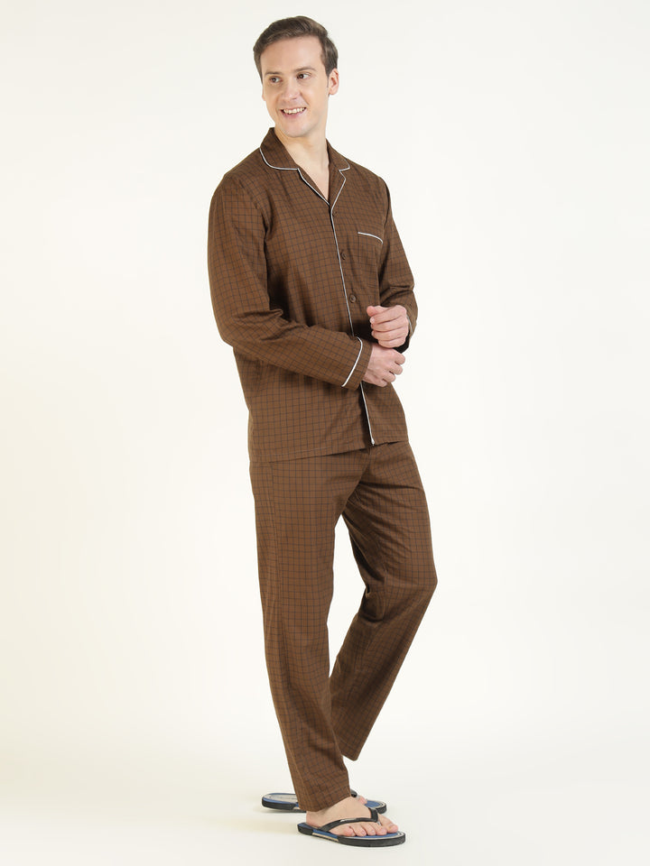 Men Brown Checked Pure Cotton Relaxed Fit Casual Night Suit