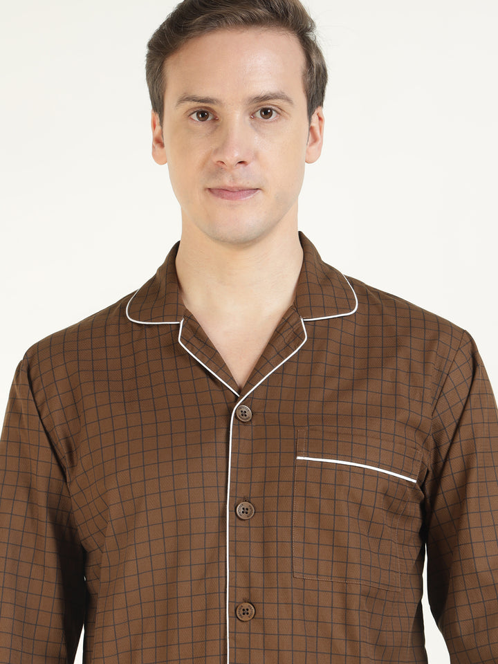 Men Brown Checked Pure Cotton Relaxed Fit Casual Night Suit