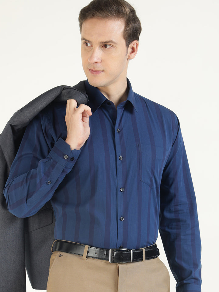 Men Navy Blue Striped Pure Cotton Slim Fit Formal Shirt