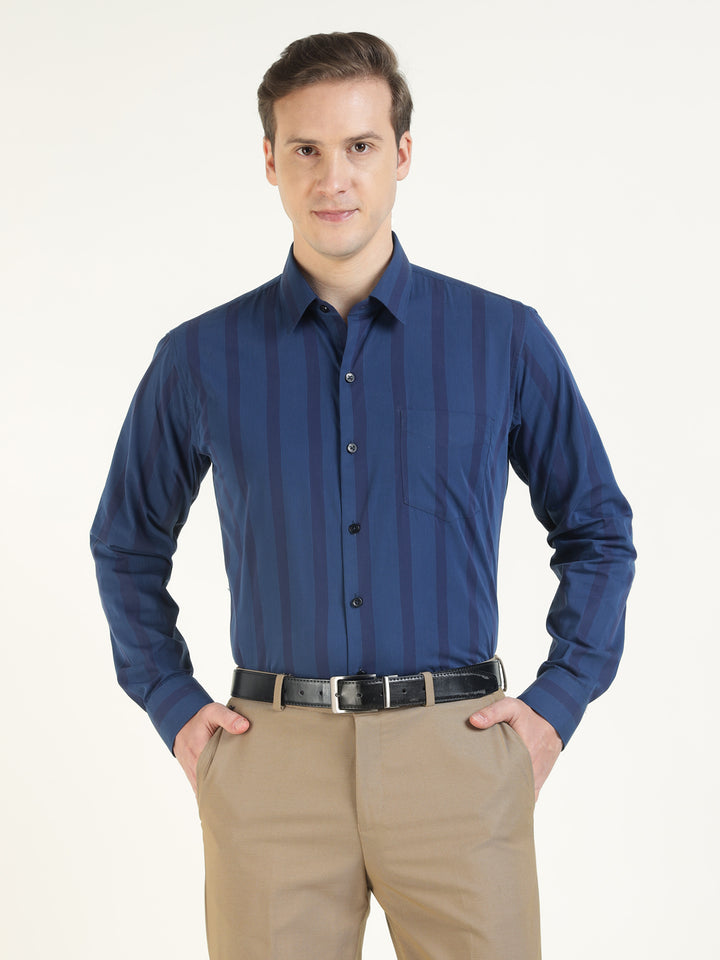 Men Navy Blue Striped Pure Cotton Slim Fit Formal Shirt