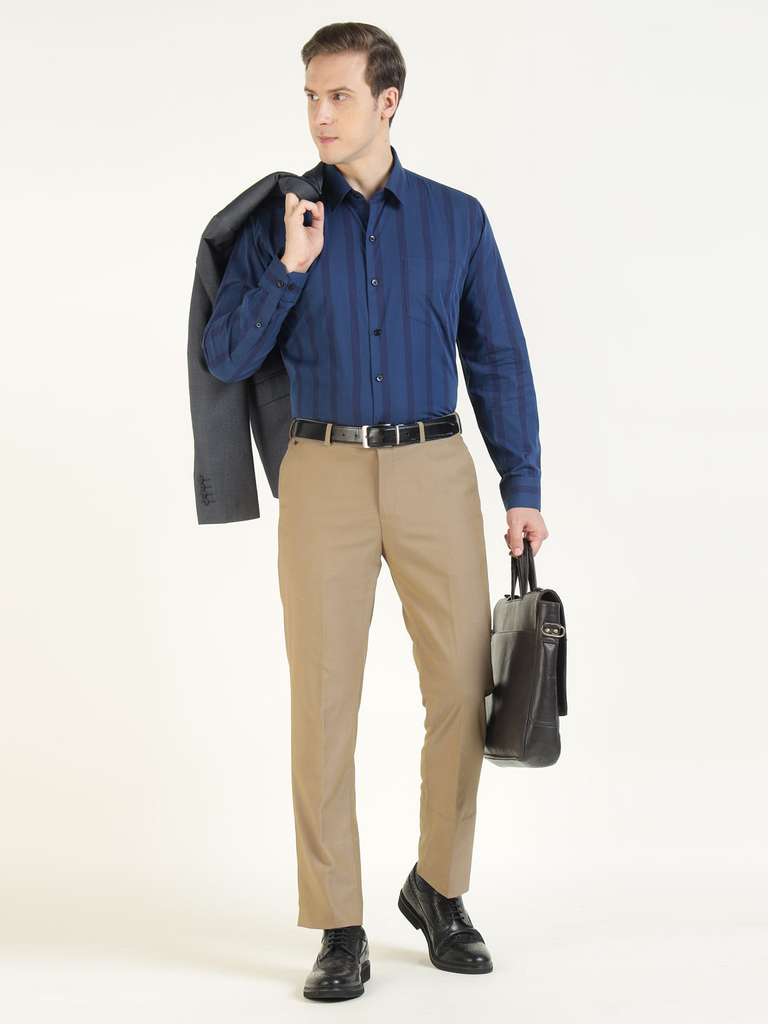 Men Navy Blue Striped Pure Cotton Slim Fit Formal Shirt
