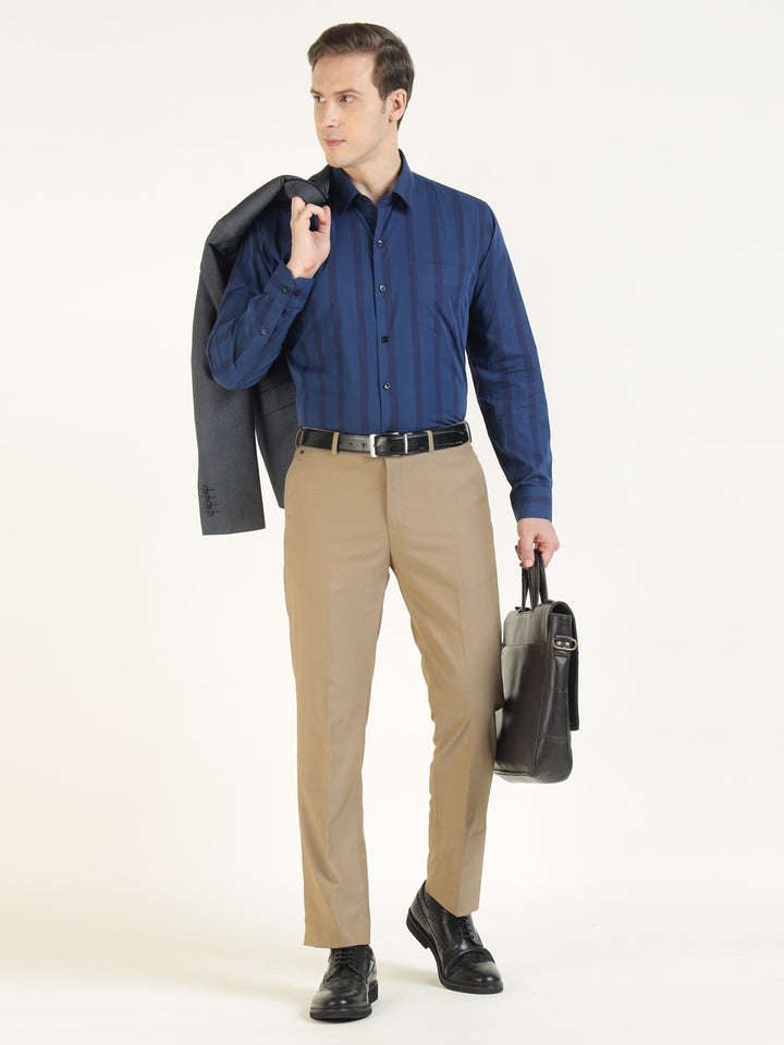 Men Navy Blue Striped Pure Cotton Slim Fit Formal Shirt