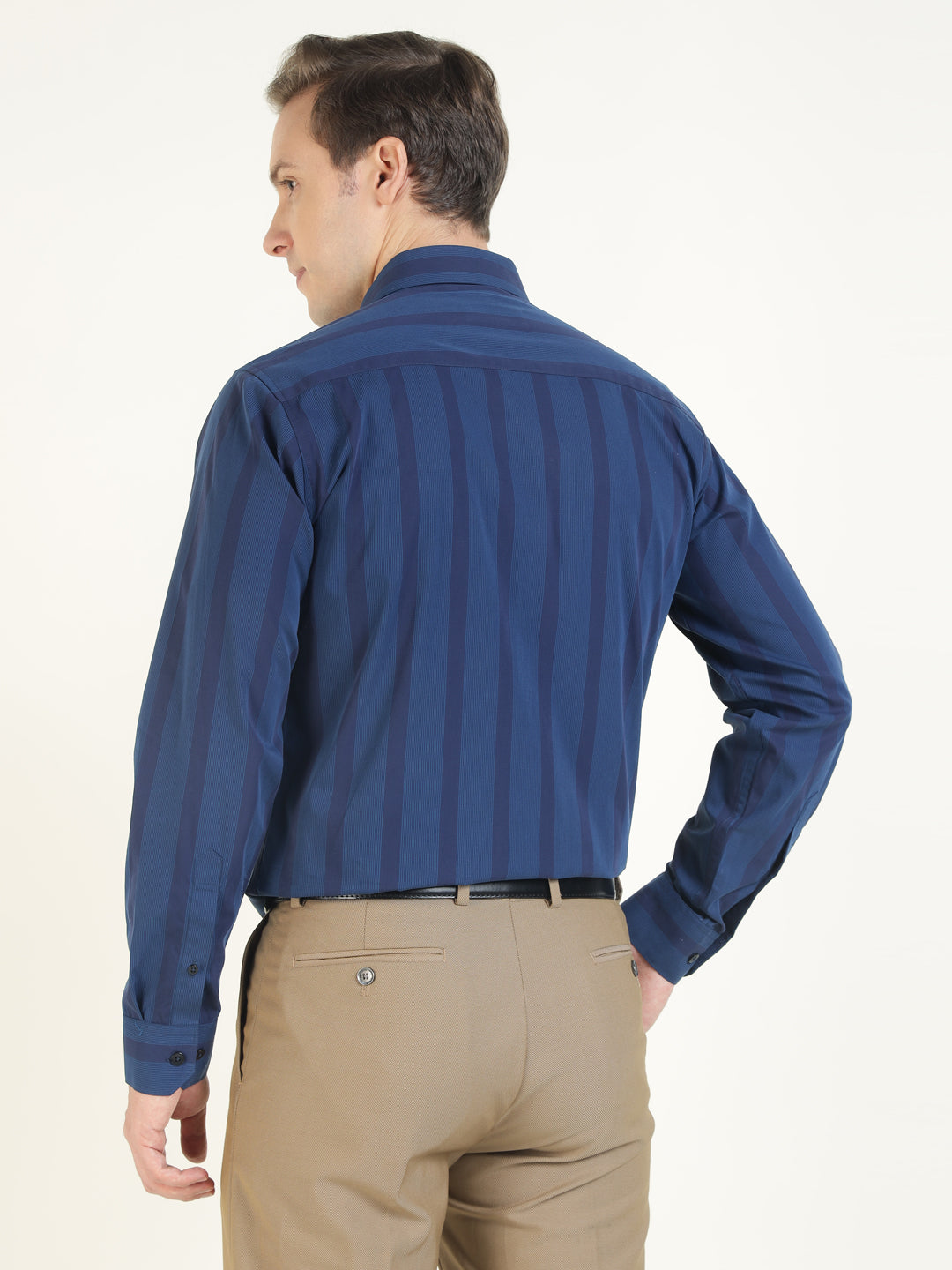 Men Navy Blue Striped Pure Cotton Slim Fit Formal Shirt