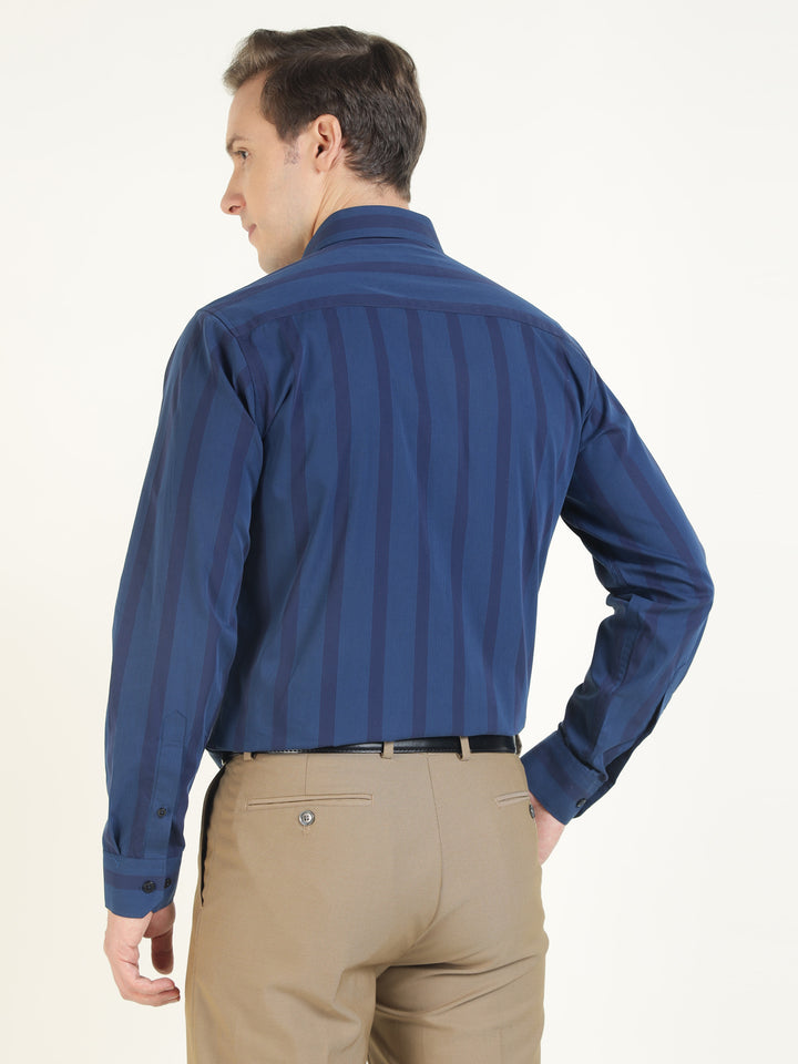 Men Navy Blue Striped Pure Cotton Slim Fit Formal Shirt