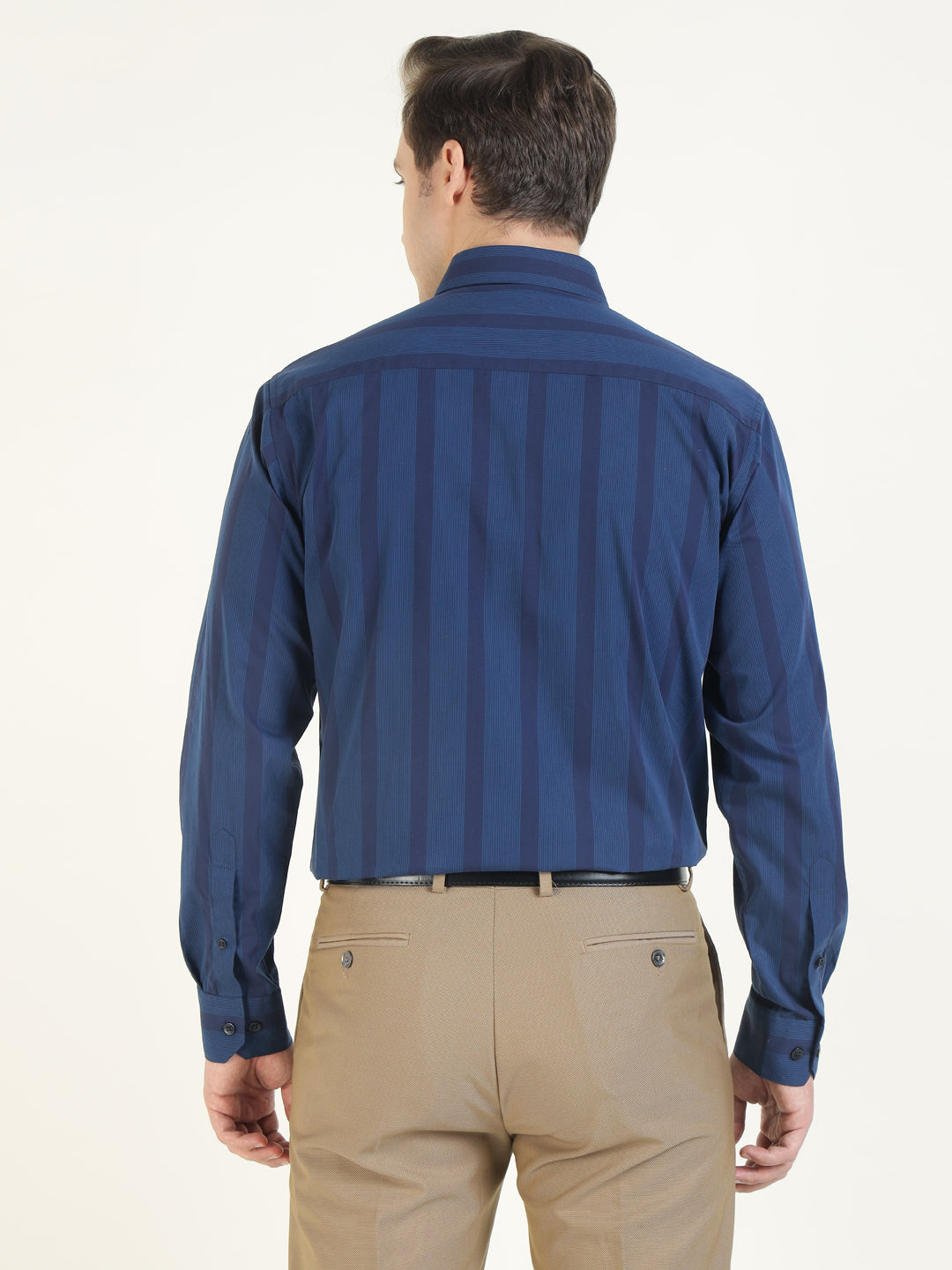 Men Navy Blue Striped Pure Cotton Slim Fit Formal Shirt