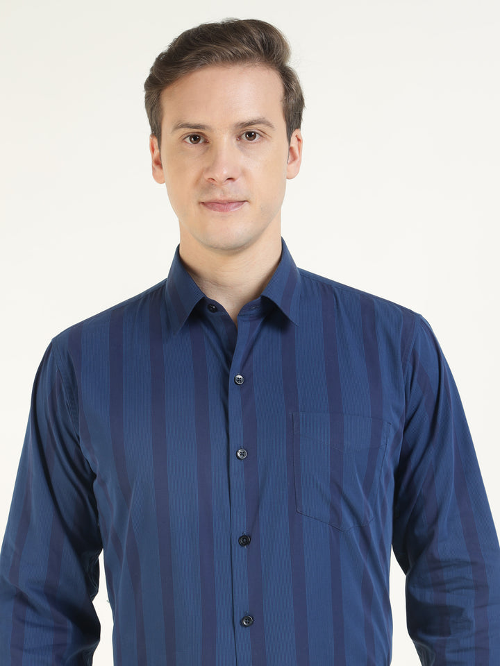 Men Navy Blue Striped Pure Cotton Slim Fit Formal Shirt
